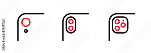 Set of Single, Two and Three Lenses Phone Camera icons. Editable line vector.