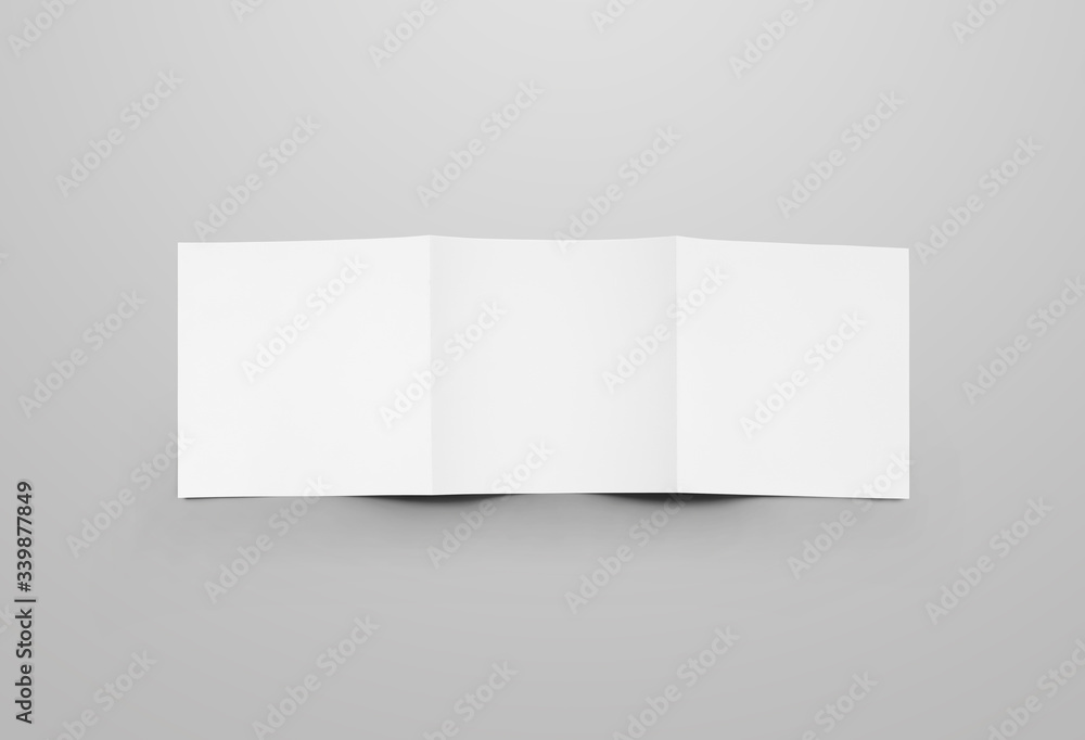 Square white trifold blank white cover mockup, back view, standard open brochure, for design presentation.