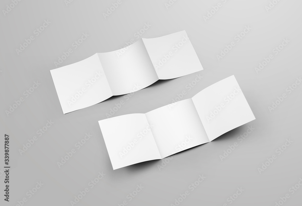 Set of empty business trifolds, front and back views, open corporate brochures, isolated on background. Set of empty business trifolds, front and back views, open corporate brochures, isolated on background.