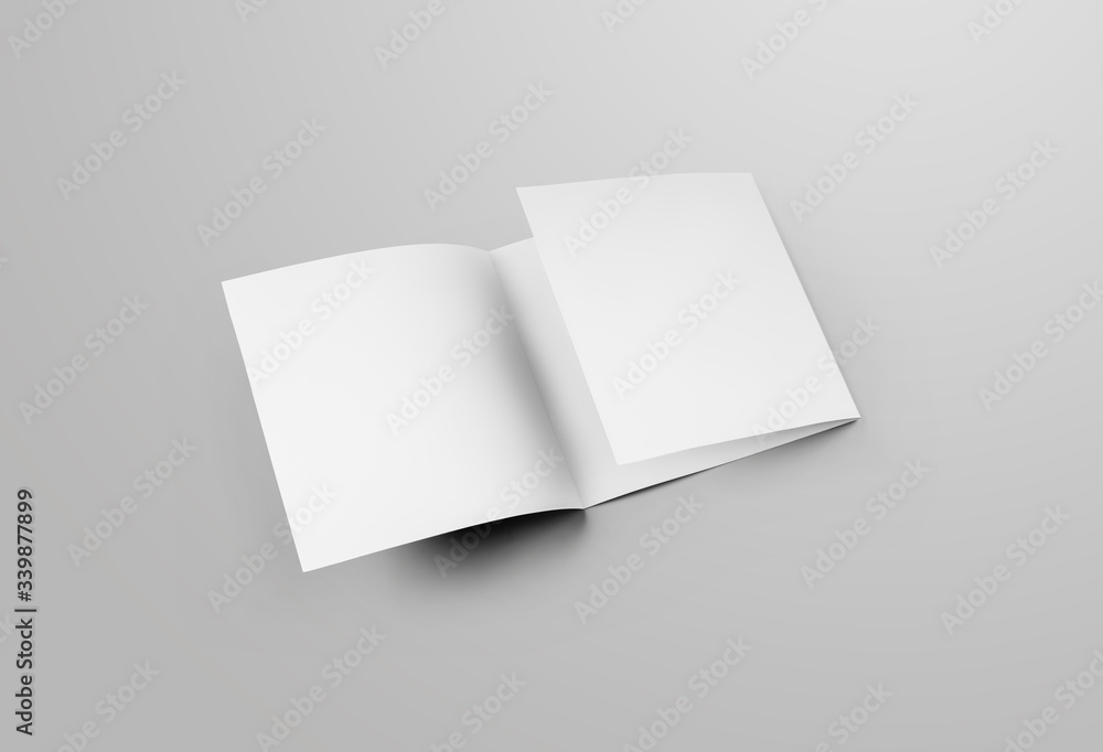 Mockup of half-open empty square trifold, business booklet, front view, isolated on background. Mockup of half-open empty square trifold, business booklet, front view, isolated on background.