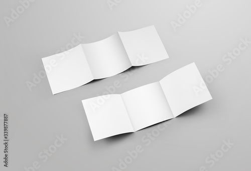 Set of empty business trifolds, front and back views, open corporate brochures, isolated on background.