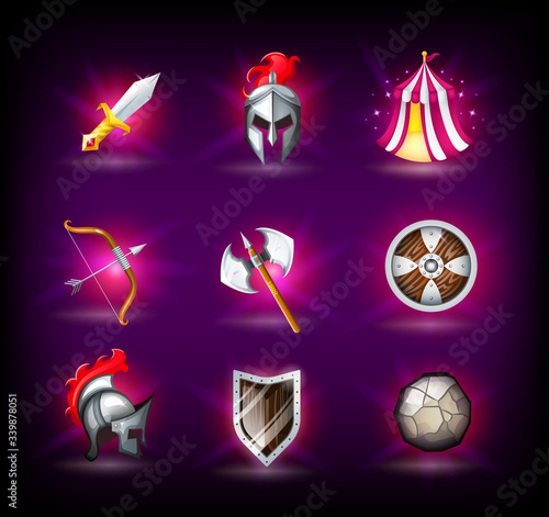 Medieval icons set, knight helmet, roman empire, legionnaires, tent, shield and weapons