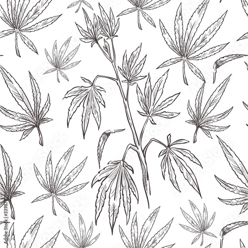 Cannabis plant, alternative medicine monochrome sketch seamless pattern