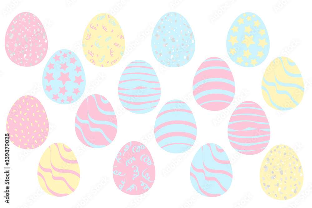 Vector illustration. Happy Easter set of colorfull eggs with different ornaments isolated on white. Hand drawn holiday clipart. Perfect  for cards, posters, leaflets, food banner, gift wrapping paper.
