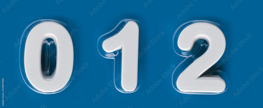 Plasticized numbers 0, 1, 2. Vacuum packed alphabet. white plastic letters on blue background. 3D render. Plastic transparent. Plasticized numbers 0, 1, 2. Vacuum packed alphabet. white plastic letters on blue background. 3D render. Plastic transparent.