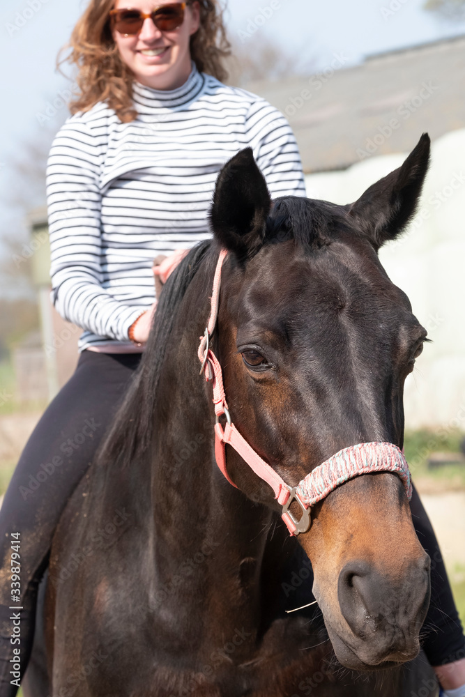 Obraz premium Portrait of a horse, brown horse head, a young girl is sitting on her back, focus on horse