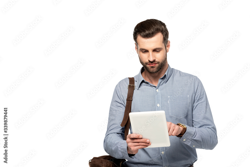 bearded businessman with bag using digital tablet isolated on white bearded businessman with bag using digital tablet isolated on white