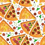 Pizza slices with salami and vegetables seamless pattern