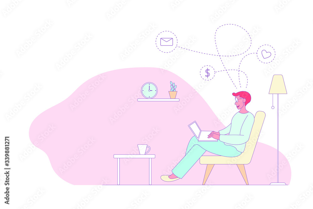 Young man working at home, he is sitting on the sofa at home in living room and using computer notebook for sent email. Young man working at home, he is sitting on the sofa at home in living room and using computer notebook for sent email.