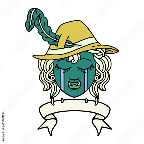 crying orc bard character with banner illustration