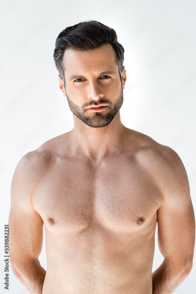 shirtless man looking at camera isolated on white