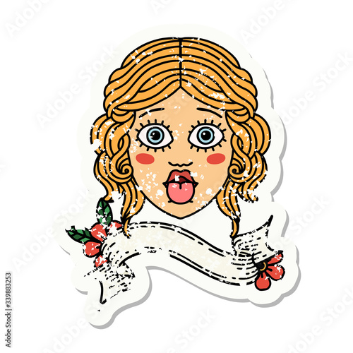 grunge sticker with banner of female face sticking out tongue