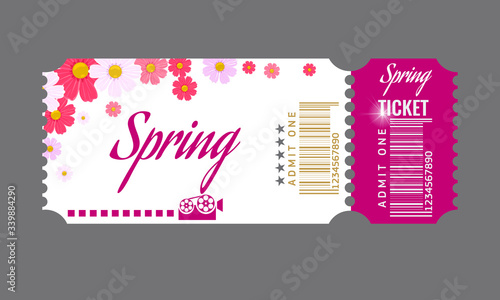 Cinema ticket with spring flowers template. Flat and solid color vector illustration.