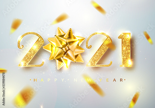2021 Happy new year. Vector 2021 Happy New Year background with golden bow. Happy New Year Banner with 2021 Numbers on Bright Background