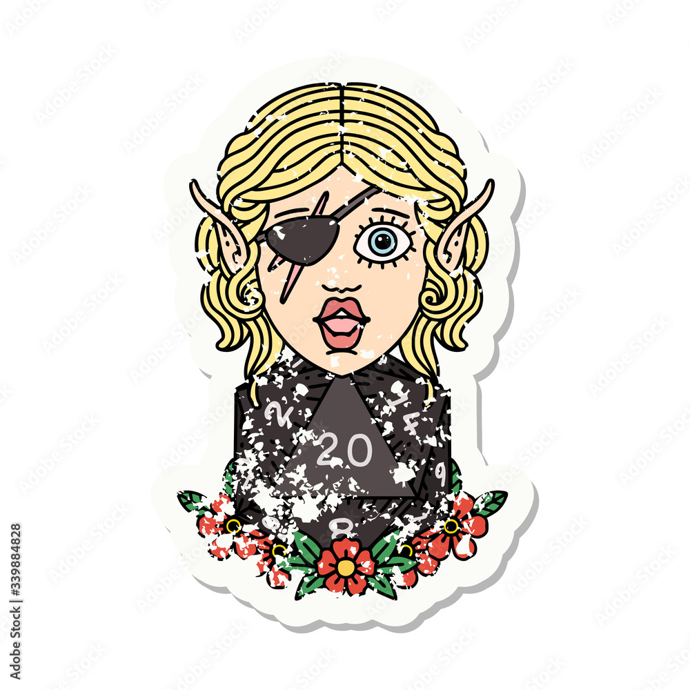 elf rogue character with natural twenty dice roll grunge sticker elf rogue character with natural twenty dice roll grunge sticker