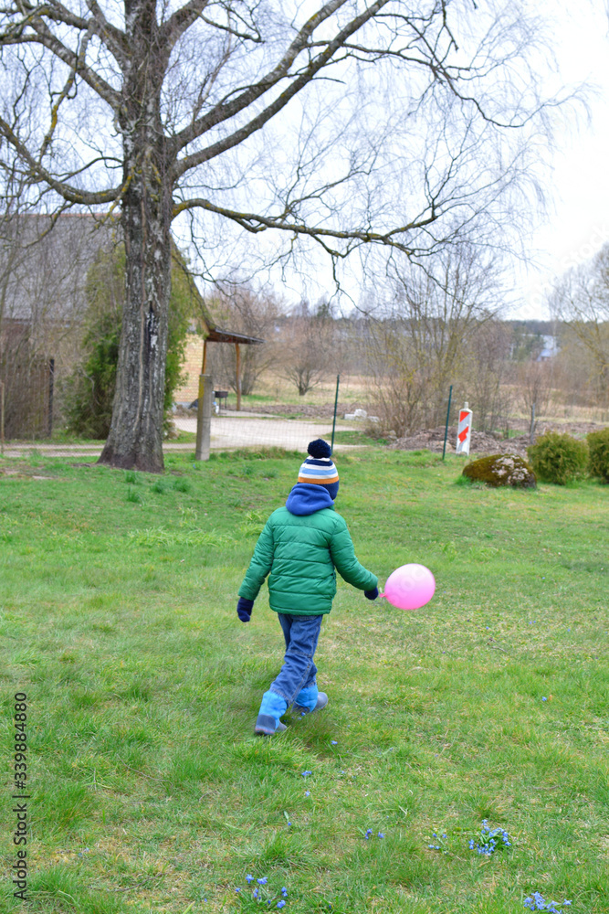 Fototapeta premium Little boy child walking away and playing with pink ballon outdoors in backyard in cold spring day. 