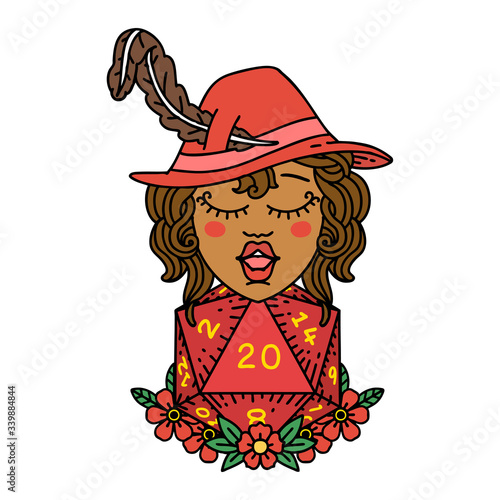 human bard with natural 20 dice roll illustration