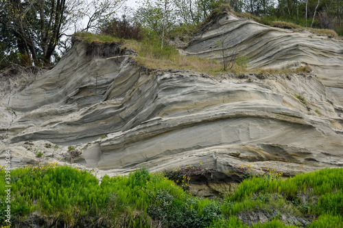 sculpted rock formations create a beautiful cliff face along Wreck Beach in Vancouver, British Columbis photo