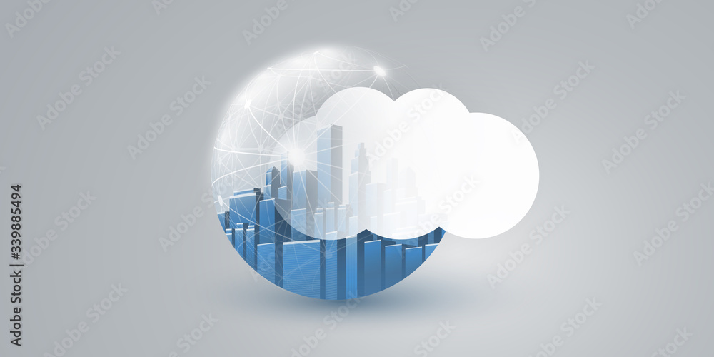 Smart City, Cloud Computing Design Concept with Transparent Globe and Cityscape - Digital Network Connections, Technology Background Smart City, Cloud Computing Design Concept with Transparent Globe and Cityscape - Digital Network Connections, Technology Background