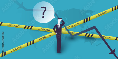 Global Economic Downfall Caused By the Corona Virus Pandemic - Design Concept with Chart, Cordon Tape and Confused Businessman Holding His Head