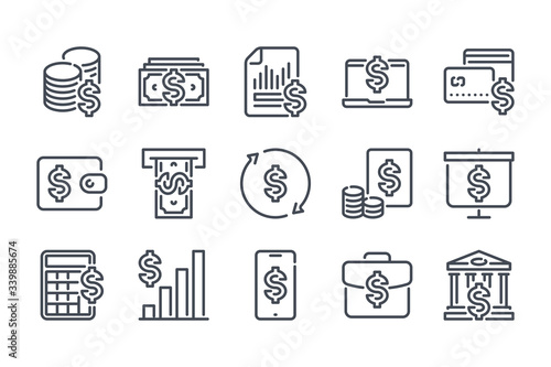 Money and Payment Vector Line Icon Set. Cash and Dollar Outline Icons.