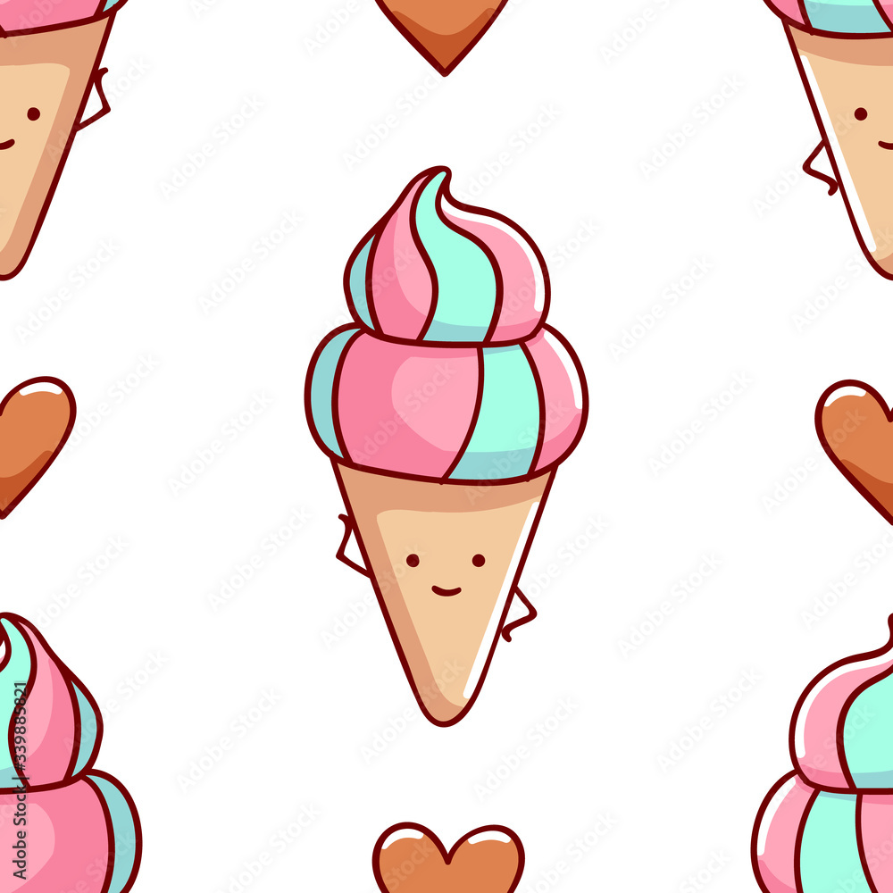 Seamless pattern, cute kawaii hand drawn ice cream doodles, print Seamless pattern, cute kawaii hand drawn ice cream doodles, print