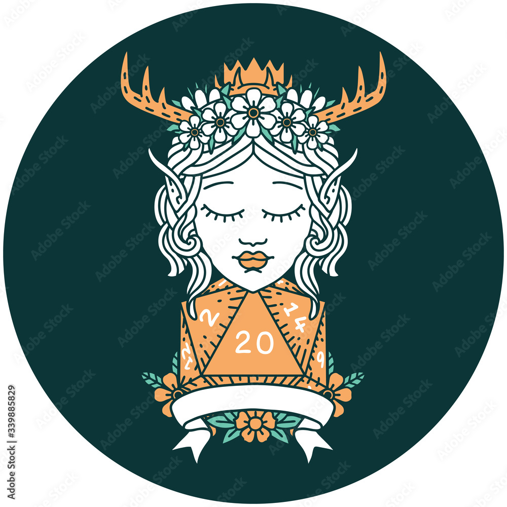 elf druid character with natural 20 dice roll icon elf druid character with natural 20 dice roll icon