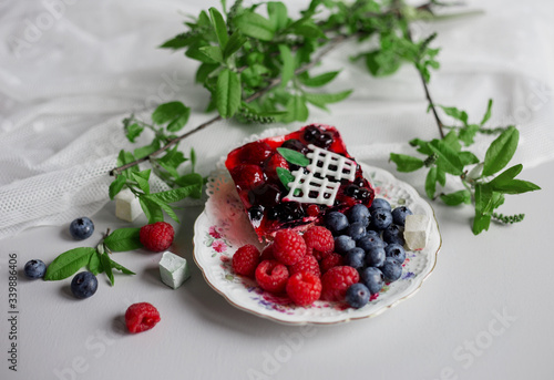 Cake is on plate surrounded by fresh blueberries and raspberries, next to green branch of cherry trees, spring still life. Selective focus.