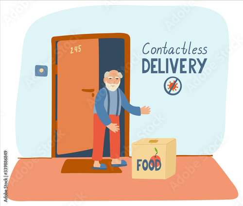 Contactless delivery poster. Hand drawn vector lettering and illustration of a senior man and a box with food. He has received a parcel without contacting a courier. Isolated on white. Pandemic theme.