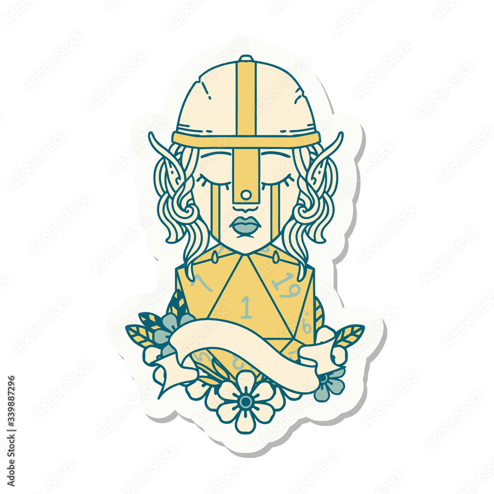 crying elf fighter character face with natural one D20 roll sticker crying elf fighter character face with natural one D20 roll sticker