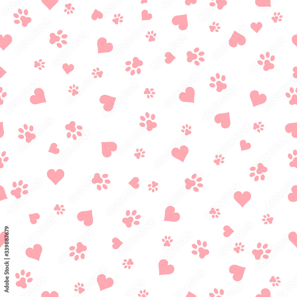 Seamless pattern vector with hearts and dog footprint. 