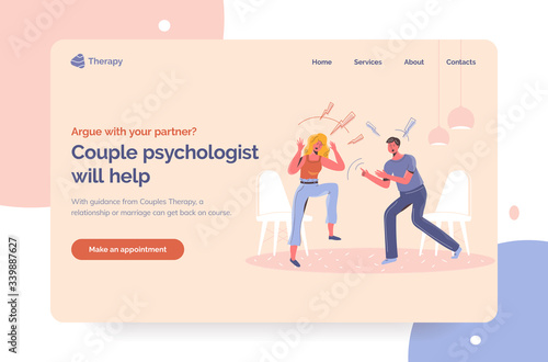 Couple psychologist help for arguing couples and family quarrels in stress. Professional therapist landing page first screen template. Man and woman with lightnings shouting at each other at home.