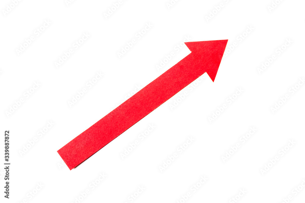 Red arrow cut out of paper on a white background. Moving up. Red arrow cut out of paper on a white background. Moving up.