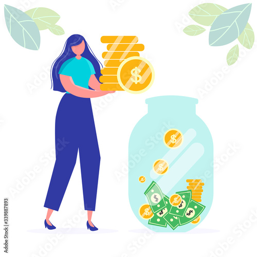 Girl girl holds coins. Savings and investing money. Finance, Investment. jar, piggy bank with money, woman take Money. for Jar Making Saving, Deposit Web Page Banner. Cartoon Flat Vector Illustration