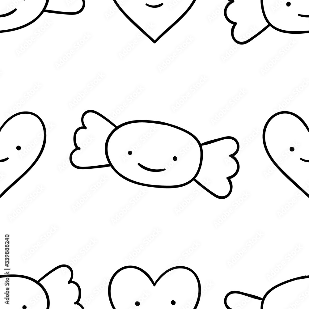 Seamless pattern, black and white cute hand drawn candy doodle, coloring pages, print Seamless pattern, black and white cute hand drawn candy doodle, coloring pages, print