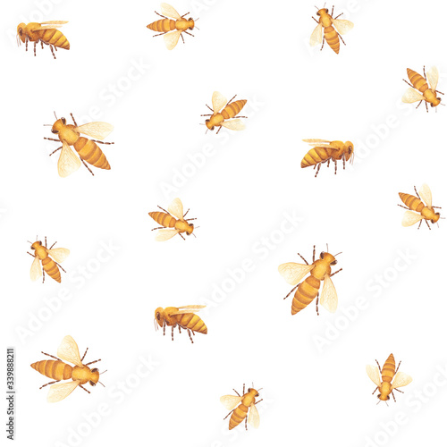 Watercolor seamless pattern with honey bee on white background. Hand painted. Illustration for design, print, fabric, invitations, cards, wall art and other. © KsaeniaArt