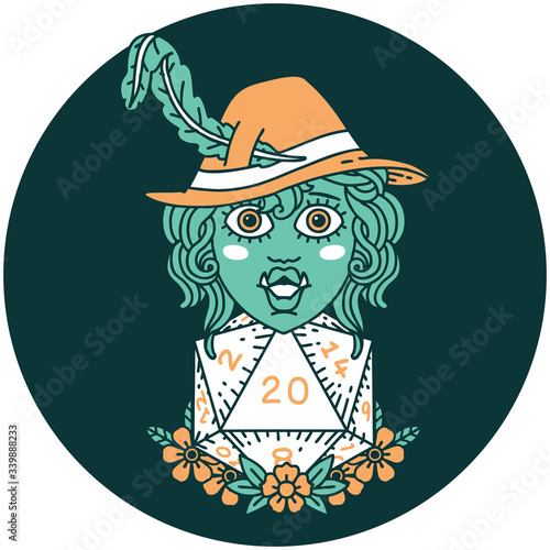 half orc bard with natural twenty dice roll  icon