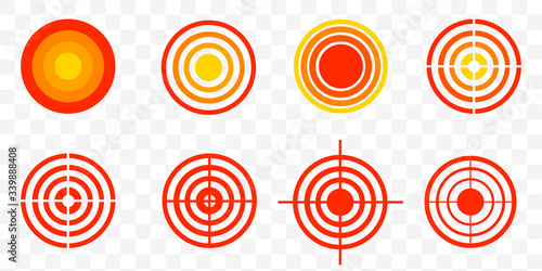 Pain red circle or localization mark, aching place sign, abstract symbol of pain, sore spot or hurt body part marker, design element for painkiller advertisement and medical information posters