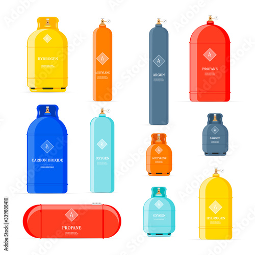 Gas cylinders icons. Petroleum safety fuel metal tank of helium butane acetylene vector cartoon objects isolated. Tank butane and propane, gas cylinder