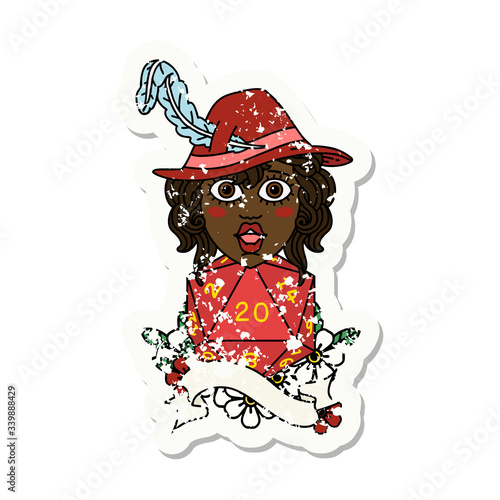 human bard with natural twenty dice roll illustration