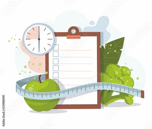 Healthy food and Diet planning on white . Weight loss concept