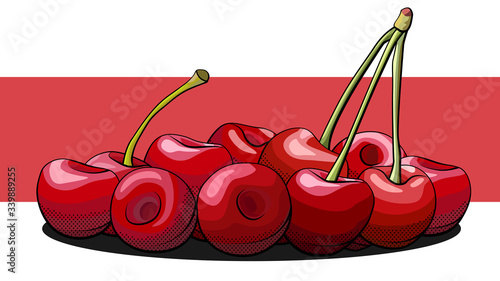 Vector simple illustration of a group of cherry berries on a label.