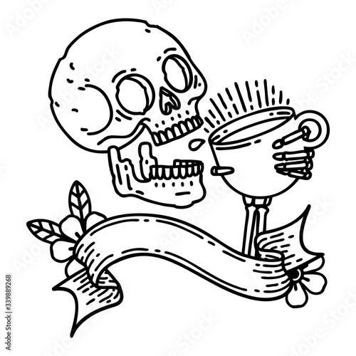black linework tattoo with banner of a skull drinking coffee