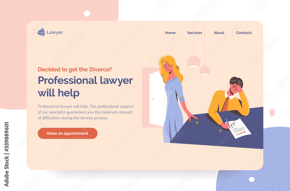 Professional lawyer help for unhappy couples in divorce process. Professional attorney landing page first screen template. Sad man signing the divorce documents and woman taking her wedding ring off.