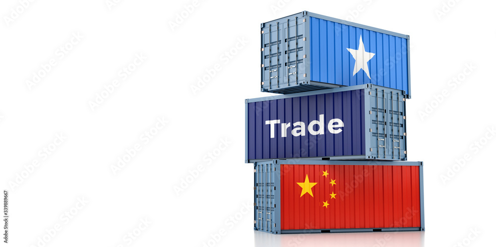 Shipping containers with Somalia and China flag. 3D Rendering 