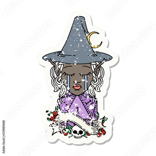 crying elf mage character face with natural one D20 roll illustration