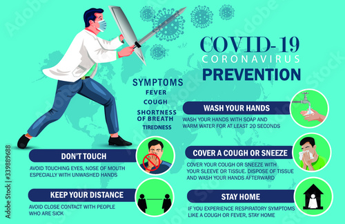 Doctor fighting with coronavirus pandemic or coronavirus disease 2019 COVID-19. Informing people about self protective measures, treatment and prevention.