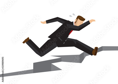 Stress businessman jumping over a crack earth. Concept of overcoming challenge, obstacles or problems.
