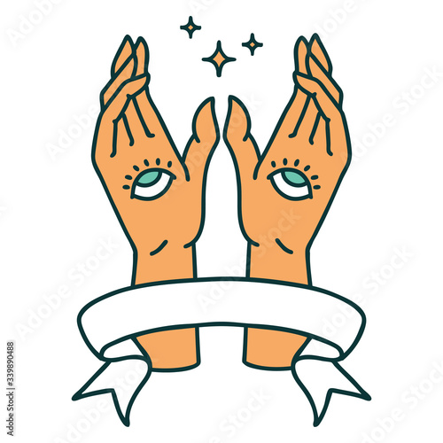 tattoo with banner of mystic hands
