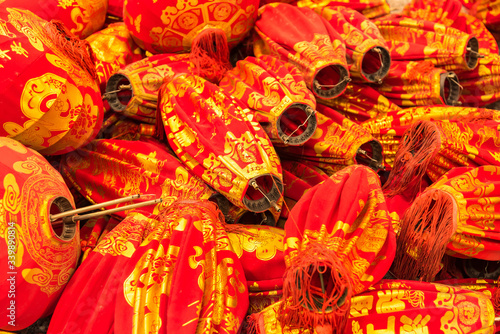 Chinese New Year Decorative Lanterns, Chinese new year decorations at Wat Leng Nei Yee 2 Temple.Words Chinese language mean " best wishes and lucrative"